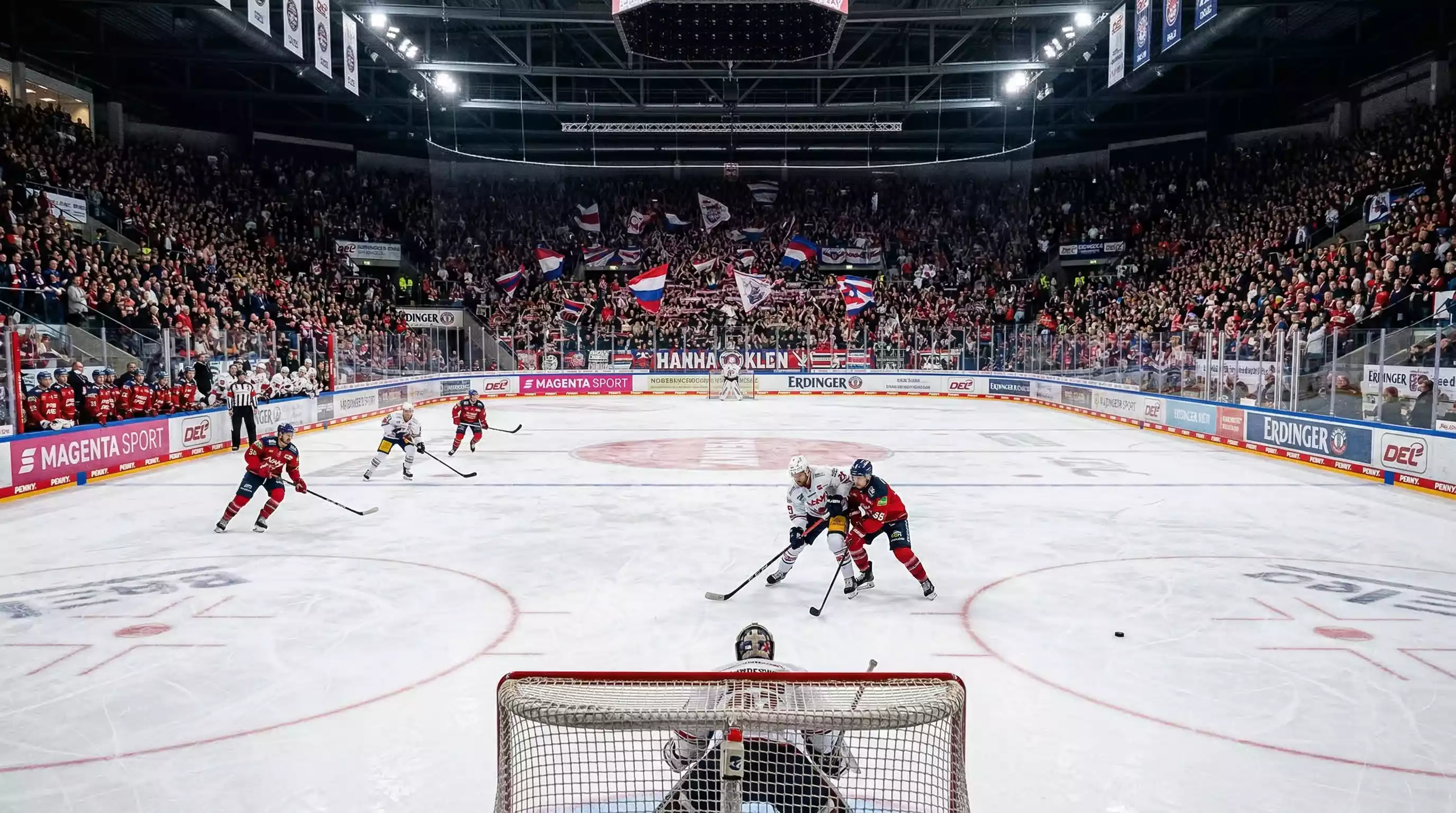 DEL-Eishockeyspiel mit begeisterten Fans in einer europäischen Arena